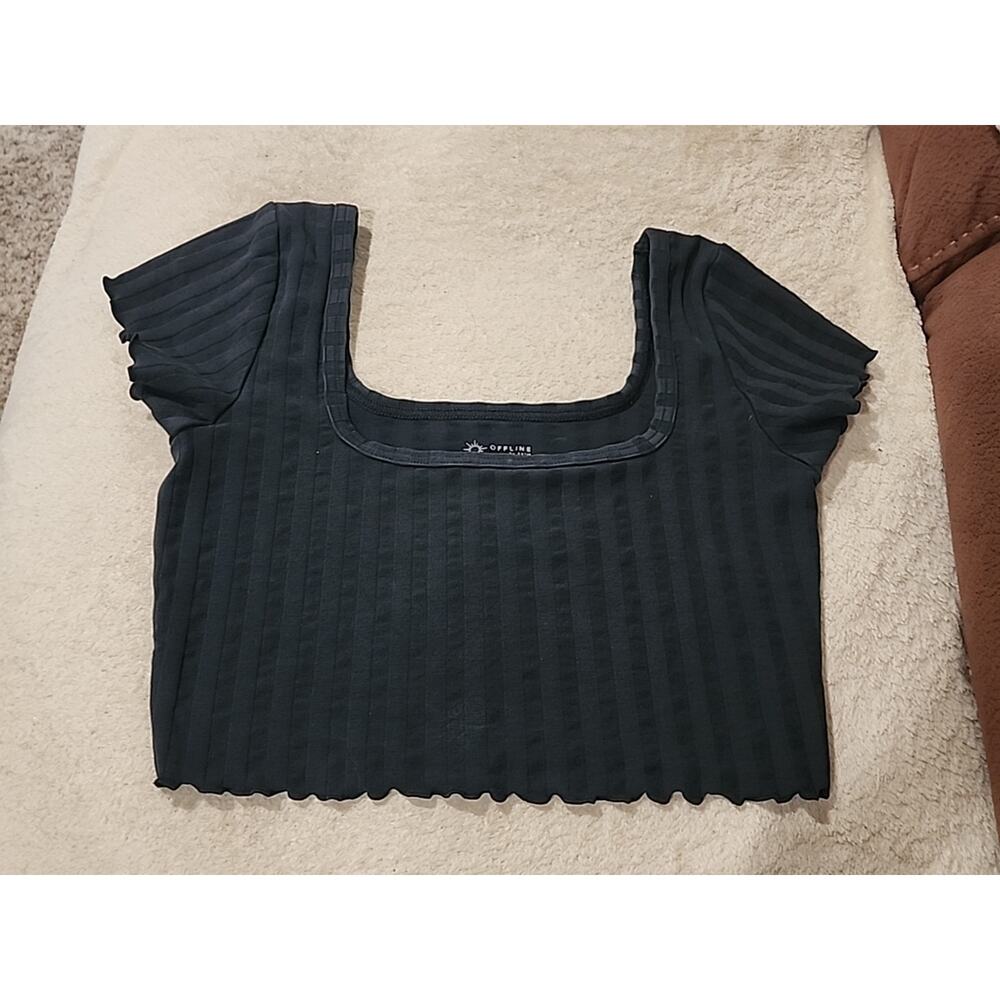 OFFLINE by Aerie Crop Top Womens Small Black Ribbed Square Neck Lettuce Edge Tee